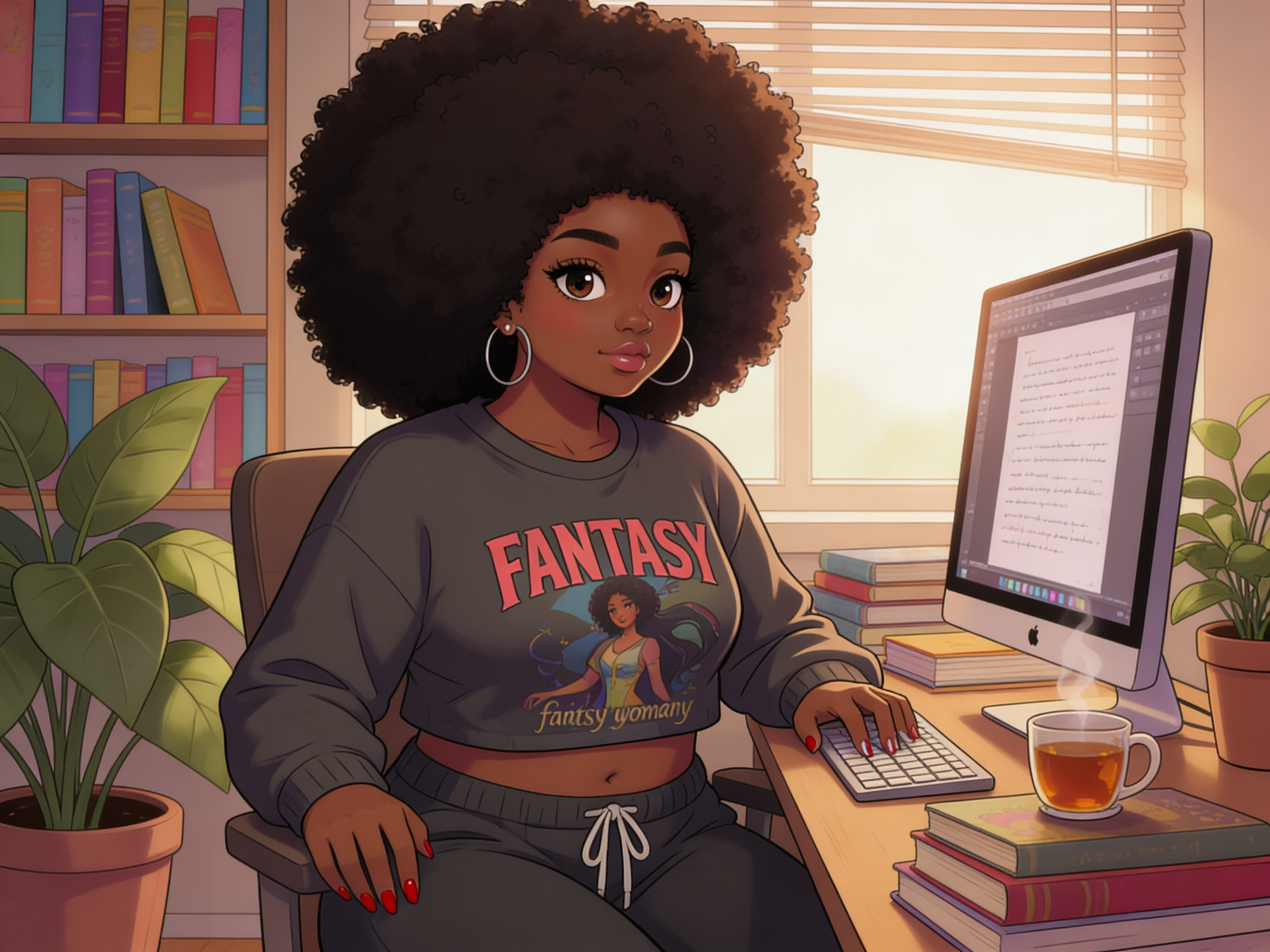 Lira Noct — writer of cozy fantasy short stories, at her desk with tea and books